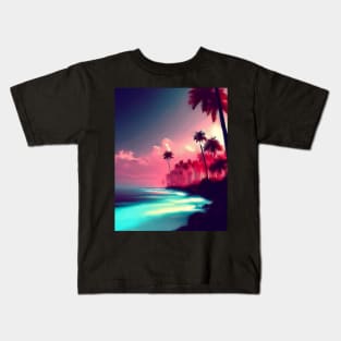 Vaporwave Palm beach with the ocean and sunset landscape Kids T-Shirt